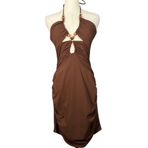 Zara Halter Mini Dress Beaded Neckline Brown Ruched Cutout Womens Medium